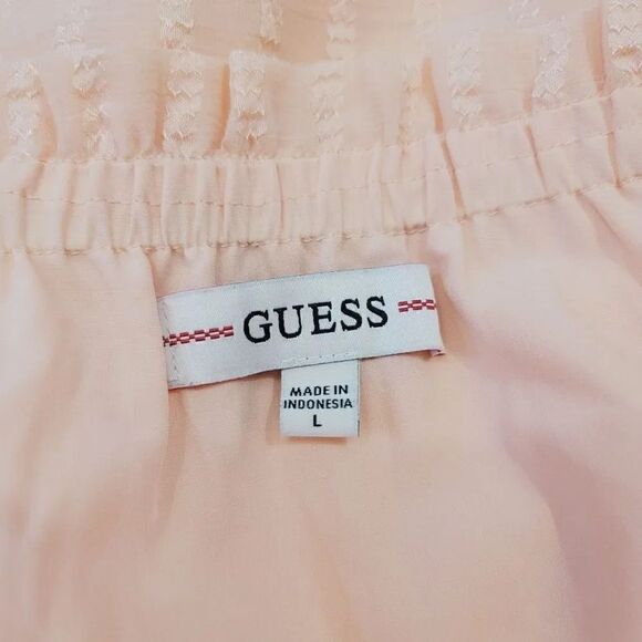 NEW Guess Sheer Chiffon Corset Bardot Milkmaid Peasant Mini Dress in Peach Large - Picture 7 of 13